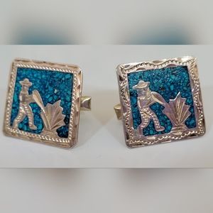 (SOLD) Vintage Alpaca 925 Silver Green Turquoise Inlay Cufflinks Mexico